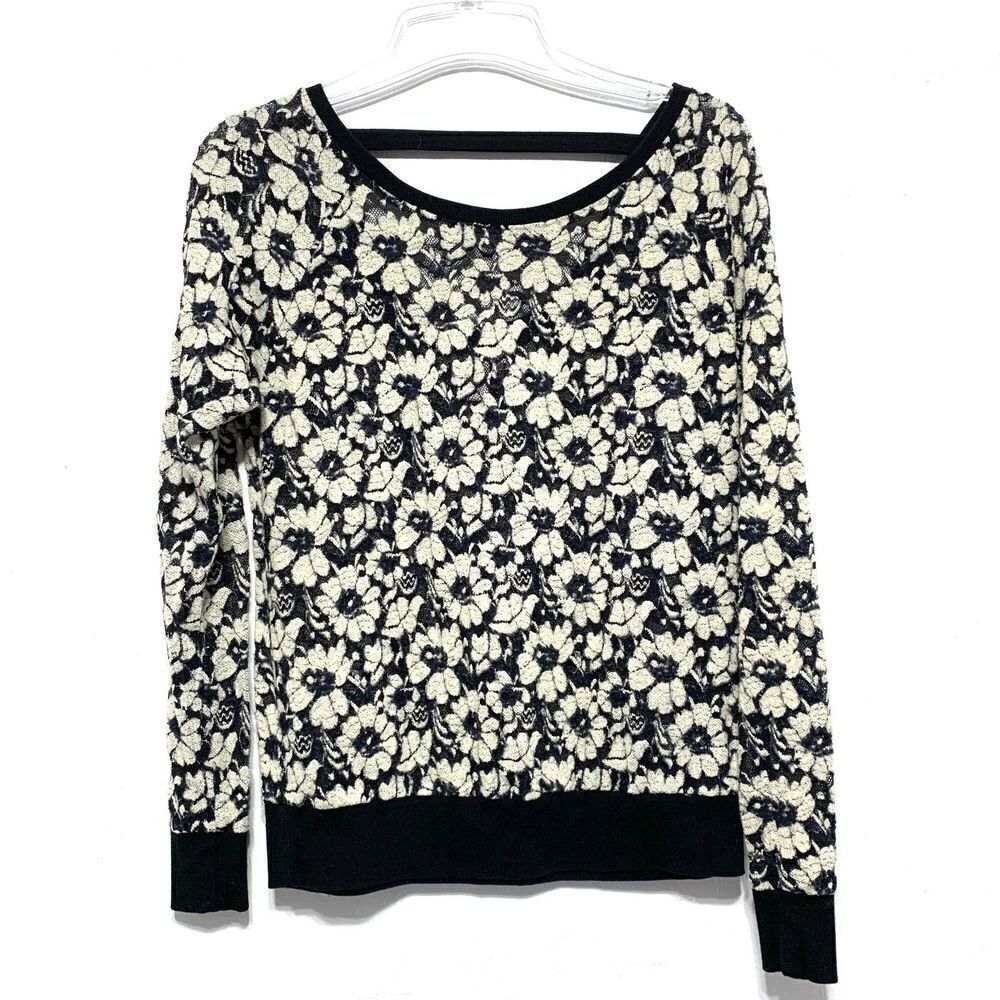 Dolled Up Sheer Sweater Black & Ivory Floral Round Neck Long Sleeve sz Large